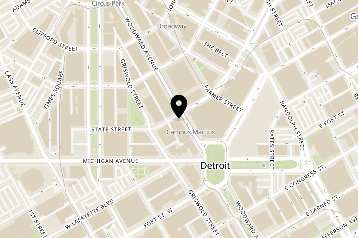 Map showing the location of Avalon Bakery & Cafe on 1049 Woodward Ave in Detroit